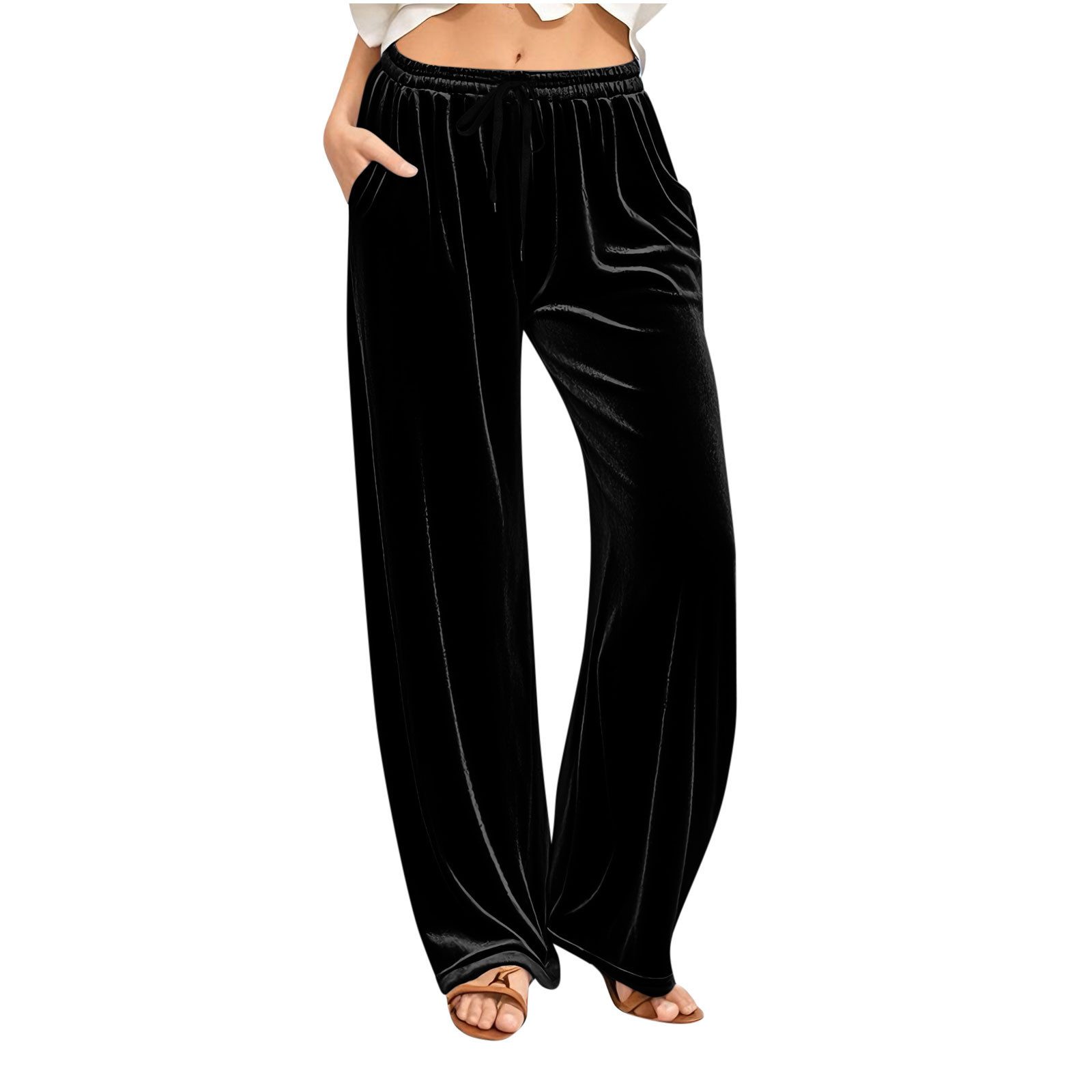 Womens Velvet Wide Leg Pants Elastic Waist Loose Fit Lounge Trousers